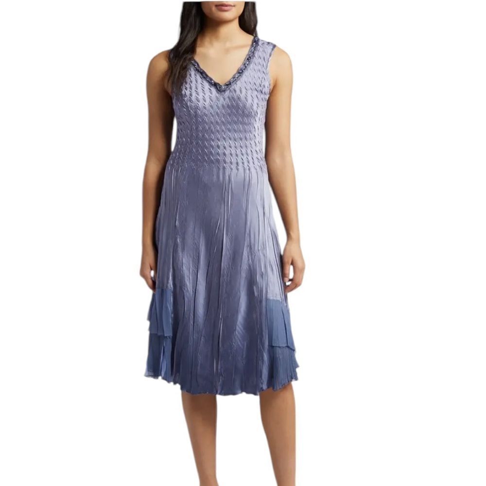 Komarov Beaded V-Neck Charmeuse Dress NWT XL Lavendar/Blue Ombré